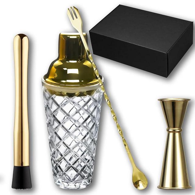 Gbuxska Gold Cocktail Shaker Set - Premium Glass Bartender Kit with Measuring Jigger, Mixing Spoon, and Muddler