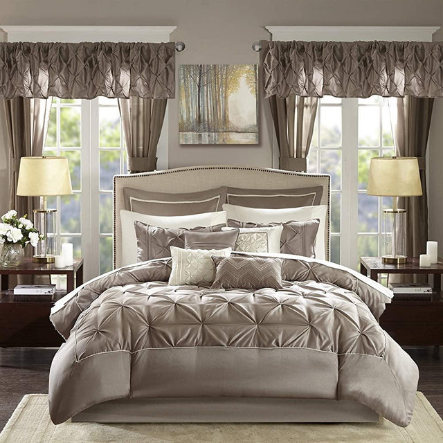 Madison Park Essentials Room in a Bag Faux Silk Comforter Set-Luxe Diamond Tufting All Season Bedding, Matching Curtains, Decorative Pillows, King(104"x92"), Taupe