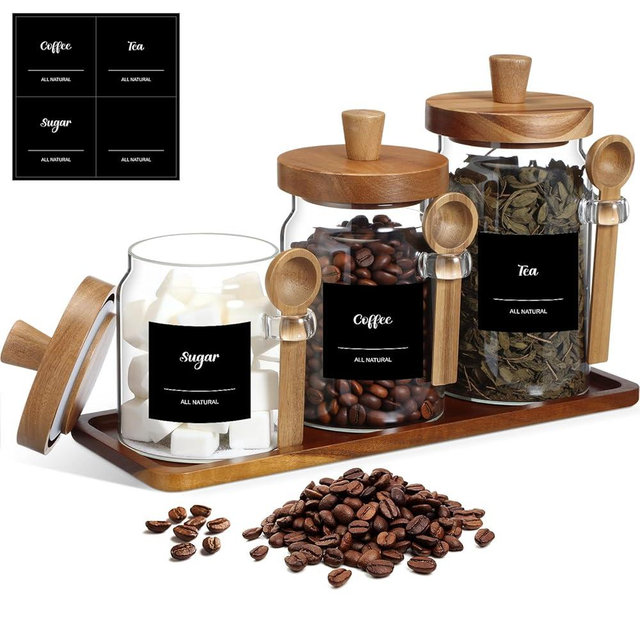 Suclain 3 Pcs Glass Coffee Container with Wooden Lid Spoon Shelf Labels Clear Airtight Jar Food Storage Canisters Set for Sugar Spice Coffee Bean Holder Housewarming Gift(13.5,20,25 oz,Acacia Brown)