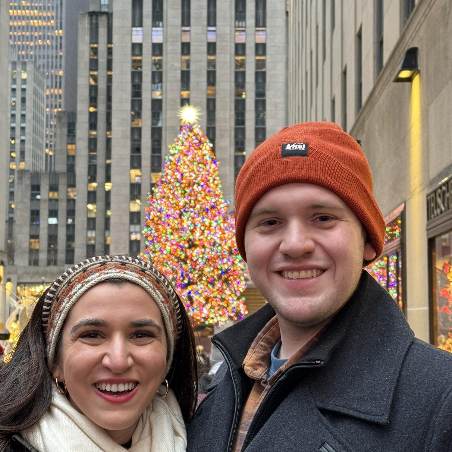 Walking around NYC after getting engaged! 

Rockefeller center, Christmas 2023