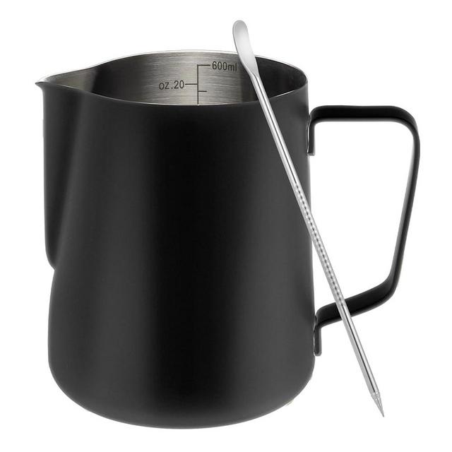 Amrules Milk Frothing Pitcher, 20oz Milk Frother Cup with Clear Scale, 304 Stainless Steel Cappuccino Espresso Machine Accessories for Barista Coffee Bar with Latte Art Pen, Black