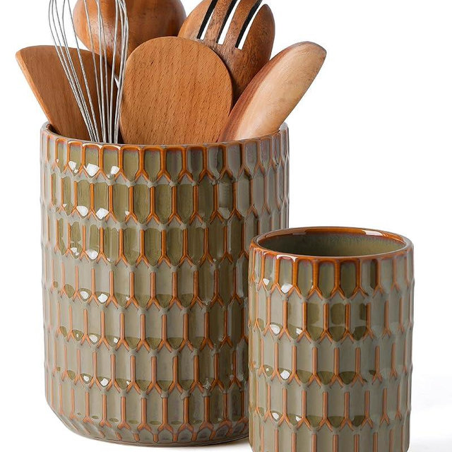 ArteBake Utensil Holder, 7.5"+5.3" Ceramic Kitchen Utensil Holder for Countertop, Large Cooking Utensil Crock for Kitchen Counter, Set of 2, Green
