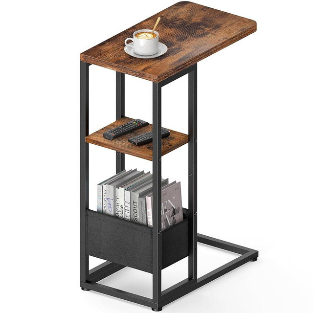 Yuede C Shaped End Table, Small Side Table for Couch, Recliner, Slide Under Sofa Tray Desk Snack Tables with Storage Bag for Living Room,Bedroom, Small Spaces - Rustic Brown