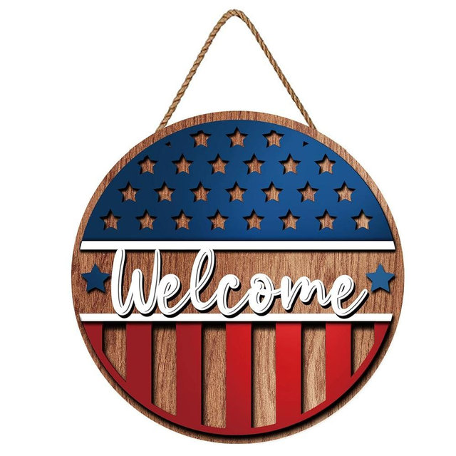 Whaline 4th of July Patriotic Welcome Sign 3D Wooden Hanging Sign Stars and Stripes Door Wall Decorations for Independence Day Memorial Day Wreaths Home Coffee Shop Bakery Farmhouse Window