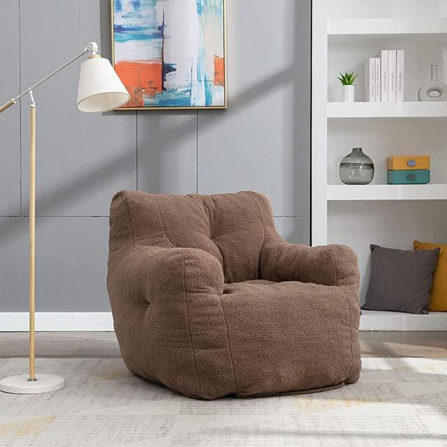 Soft Tufted Bean Bag Chairs for Adults, Medium Teddy Fabric Bean Bags with Arms, Coffee Brown