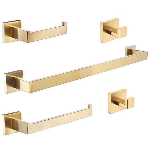 Taucent 5 Pieces Brushed Gold Bathroom Hardware Set 304 Stainless Steel Towel Bar Sets-Includes 24" Hand Towel Holder,Toilet Paper Holder,2 Robe Towel Hooks Wall Mounted Bathroom Accessories Kit