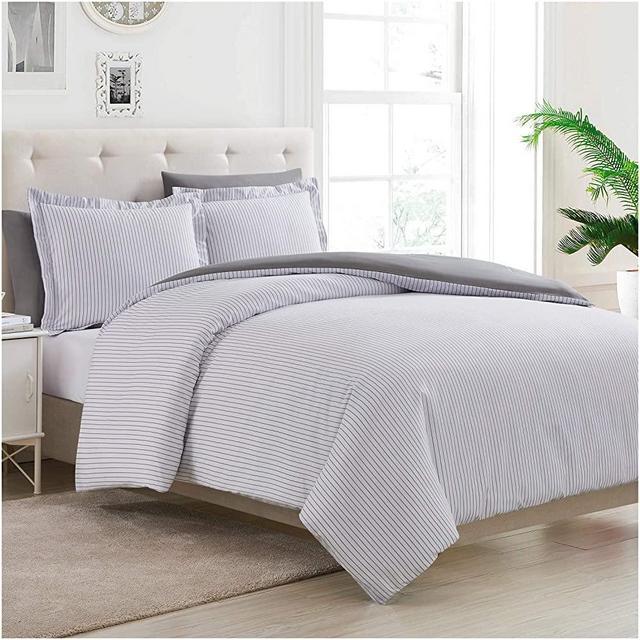 Mellanni Duvet Cover Queen Set 5pcs - Bedding, 2 Shams and 2 Pillowcases - Button Closure and Corner Ties - Wrinkle, Fade, Stain Resistant (Queen, Pin Stripe Gray)