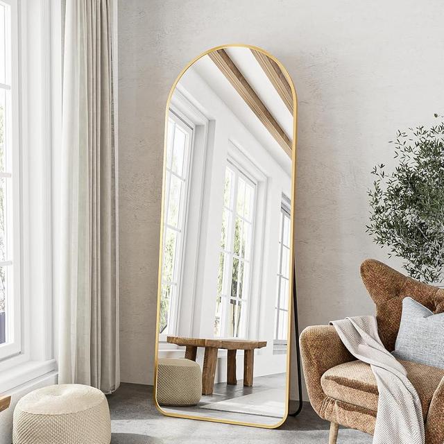 TinyTimes 64''x21'' Arched Full Length Mirror with Stand Full Body, Mirrors Full Length,Floor Mirror Freestanding, Wall Mirror for Bedroom Living Room Cloakroom, Mirror with Round Corner, Gold