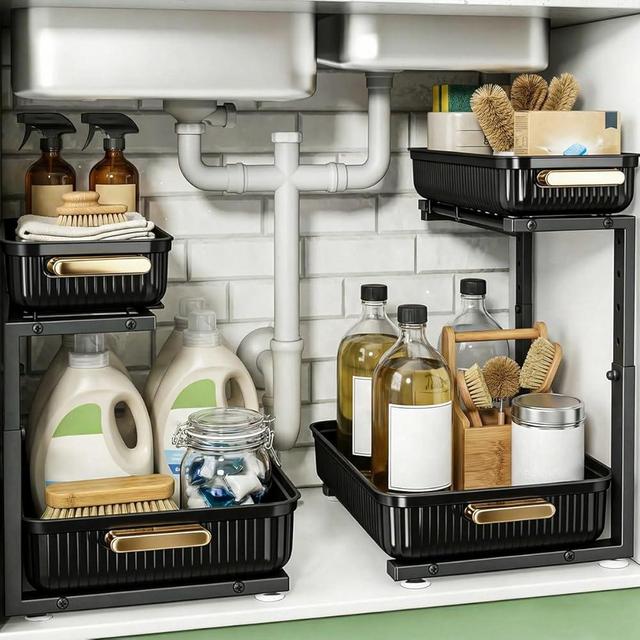 ARSTPEOE Under Sink Organizer - 2 Packs Multi-Purpose Pull-Out Storage Organizers, Slide out Pull out Cabinet Organizer Shelf, Storage for Kitchen Bathroom, Black