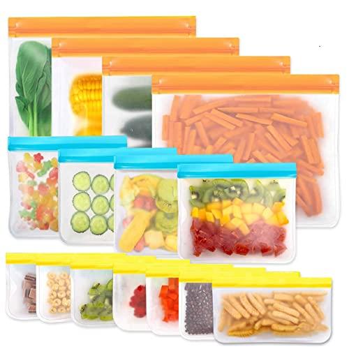 Reusable Storage Bags, 15 Pack BPA Free PEVA Resuable Freezer Bags, Reusable Gallon Bags, Reusable Sandwish Bags, Silicone Food Bags for Women, Men and Kids …