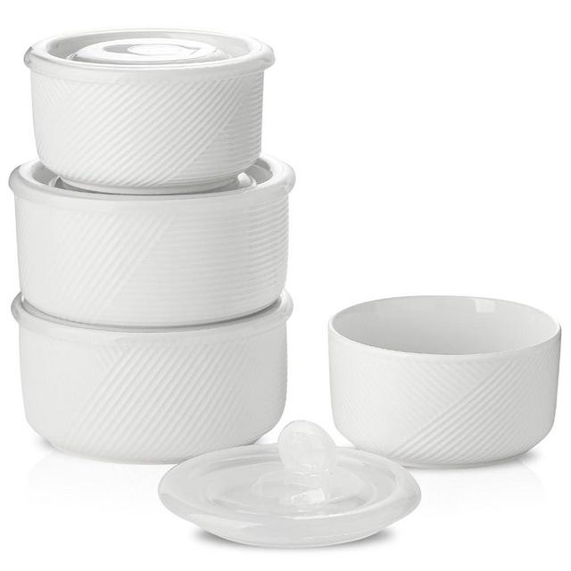 Adewnest Ceramic Bowl with Lid : 5 & 6 in Porcelain Nestable Bowls Set of 4 - Food Storage Containers for Lunch, Picnic - Microwavable Serving Bowls with Lids (White)