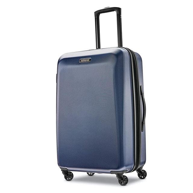 American Tourister Moonlight Hardside Expandable Luggage with Spinner Wheels, Navy, Checked-Medium 24-Inch