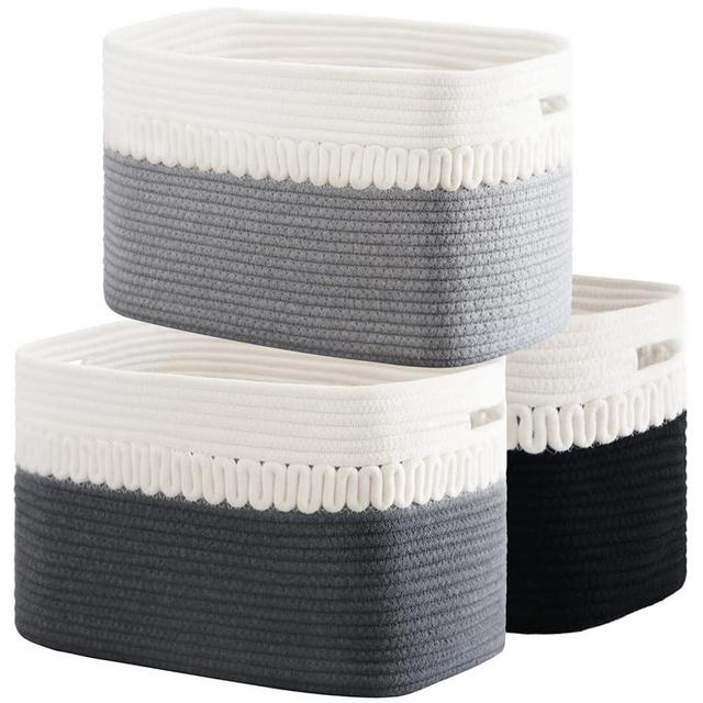 AROPEME Cotton Rope Baskets for Storage Shelves Set of 3 | Rectangle 15"x10"x9" Decorative Baskets with Handles | Toy Baskets for Baby | Nursery Cube Bins for Books Towels Diapers or Closet, Medium