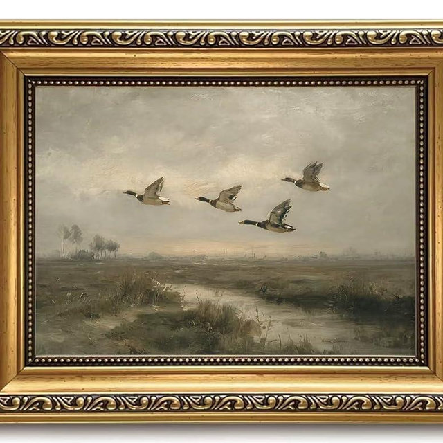 ZQARTZZQ Vintage Gold Framed Flying Duck Canvas Wall Art Mallard Duck Painting Picture Wall Decor Countryside Retro Rustic Farmhouse Poster Print Artwork for Living Room Bedroom 8x10 inch Small Framed