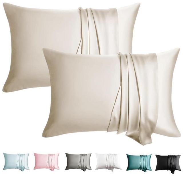 WLOSJ 100% Silk Pillowcase for Hair and Skin Set of 2 King Size 19 Momme Mulberry Silk Pillow Case Soft Breathable Cooling with Hidden Zipper Set of 2, Beige