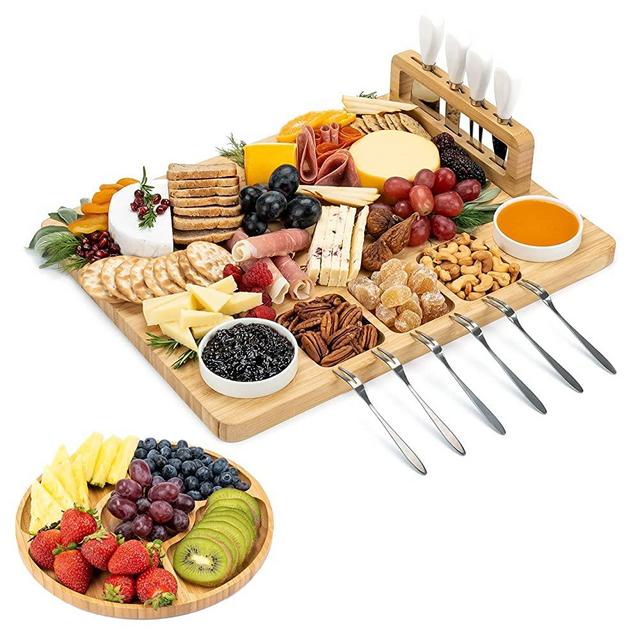 Smirly Cheese Board and Knife Set - Charcuterie Board Set, Cheese Platter Board, Bamboo Cheese Board with Cutlery Set, Cheese Tray, Wooden Cheese Board Set, Cheese Cutting Board Set, Cheese Plate Set