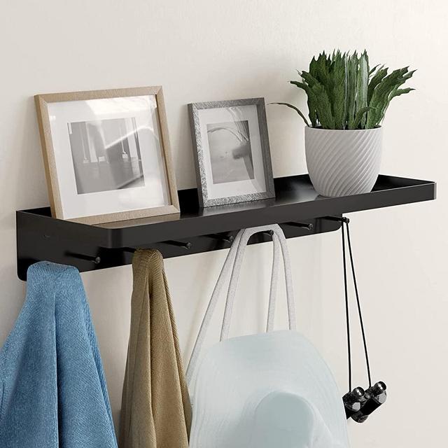 Coat Rack Wall Mount with Shelf, Entryway Shelf with Hooks, Coat Hooks Wall Mounted with Shelf, Stainless Steel Wall Mount Coat Rack with Shelf and Hooks for Mudroom, Kitchen, Bathroom, Black