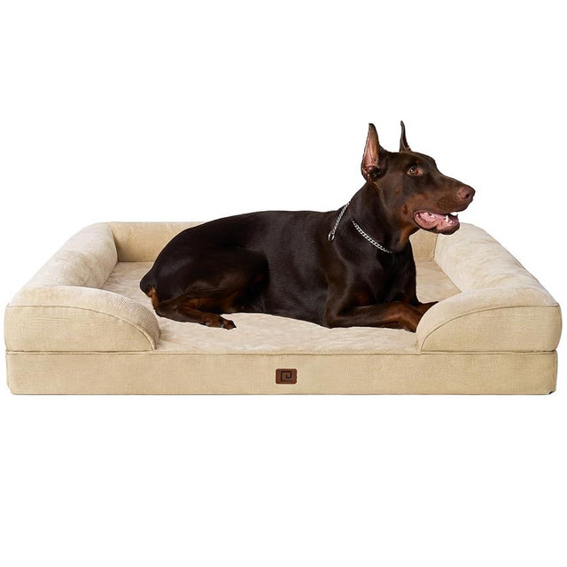 EHEYCIGA Orthopedic Dog Beds for Extra Large Dogs, Waterproof Memory Foam XXL Dog Bed with Sides, Non-Slip Bottom and Egg-Crate Foam Big Dog Couch Bed with Washable Removable Cover, Greige