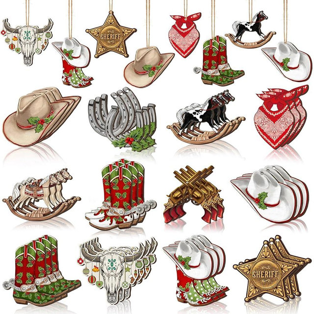 Memorywuu 36 Pcs Western Christmas Ornaments Cowboy Xmas Tree Decorations Cowboy Hat Boots Sheriff Badge Christmas Baubles Horse Cattle Wooden Cutouts for Tree Home Wreath Party Indoor Decor