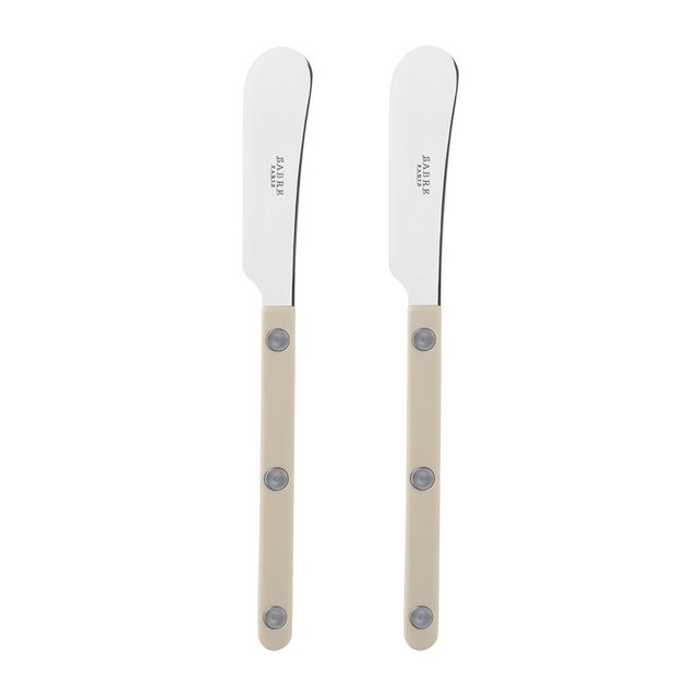 Sabre Paris - Set of 2 Spreader Knives 5.5 inches - Bistrot Collection - Perfect for Butter, Tapenades, Spreads - Stainless Steel & Nylon - Dishwasher Safe - Light Kaki - Brilliant Finish