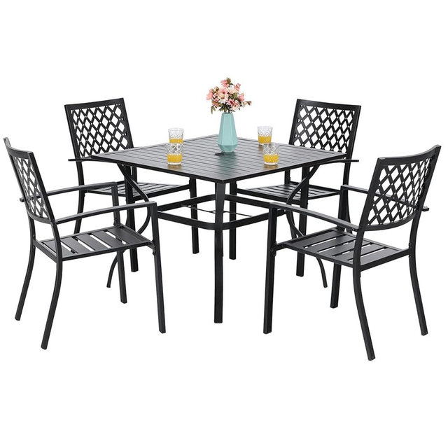 MFSTUDIO Metal Patio Dining Set for 4, Black Outdoor Furniture Set with Square Table and Stackable Chairs for Deck Backyard Garden