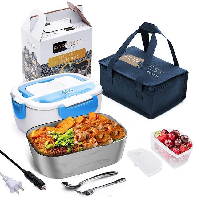 FORABEST Electric Lunch Box - Fast 60W Food Heater 3-In-1 Portable Food Warmer Lunch Box for Car & Home – Leak proof, 2 Compartments, Removable 304 Stainless Steel Container, fork, spoon and Carry Bag