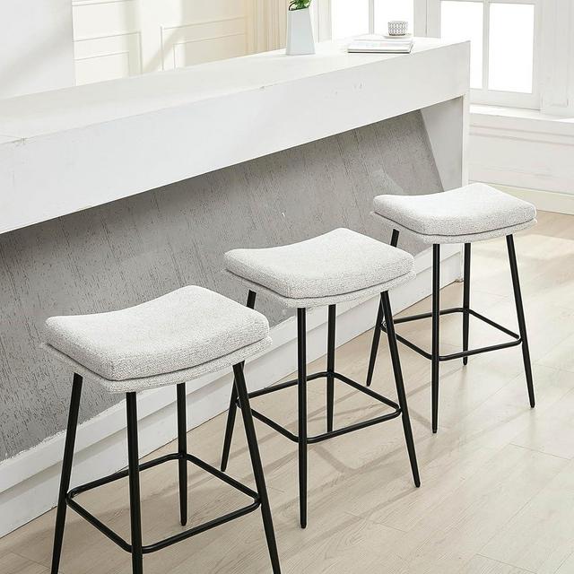Forsalund 26 inch Counter Height Bar Stools Set of 3, Backless Saddle Bar Stools for Kitchen Counter and Dining Room, White Boucle Seat, Modern Bar Stools with Double Layered Cushion and Metal Legs