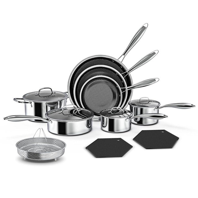 Nonstick Pots and Pans Set, 14 Piece Hybrid Hex Non Stick Stainless Steel Cookware with Frying Pans, Saute Pan, Saucepans & Stock Pot - Induction Compatible, Dishwasher &Oven Safe, PFOA Free