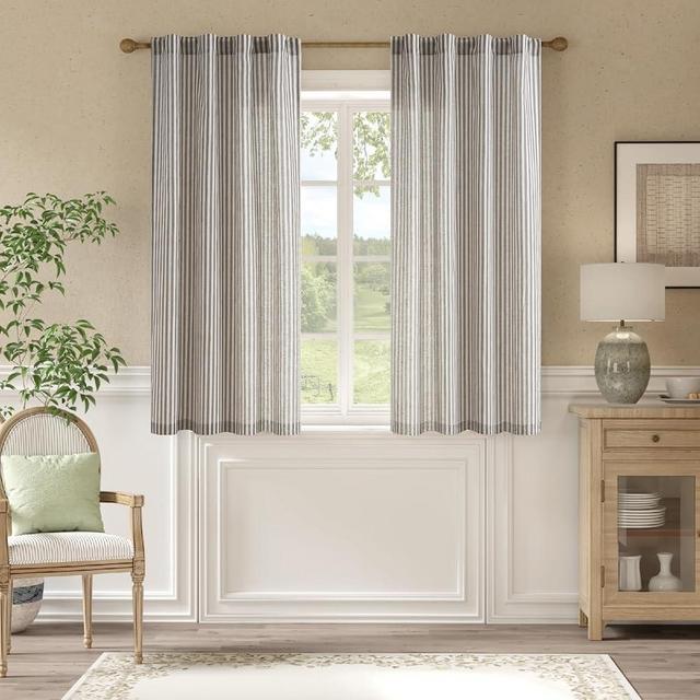 jinchan Linen Farmhouse Ticking Stripe Curtains 63 Inch Length Pinstripe for Living Room Bedroom Light Filtering Rustic Modern Curtains Drapes Back Tab 2 Panels Black