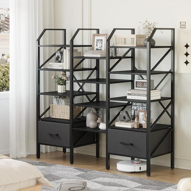 YESHOMY Triple 5 Tier Bookshelf with Drawers, Bookcase with 14 Open Display Shelves, Modern Wide Book case Furniture for Bedroom, Living Room and Home Office, Black