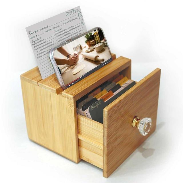 Simply Daisy Recipe Box with Cards and Dividers | Recipe Card Box with 50 Recipe Cards and 12 Dividers | Bamboo Wooden Recipe Box | Recipe Box 4x6 | Drawer Recipe boxes