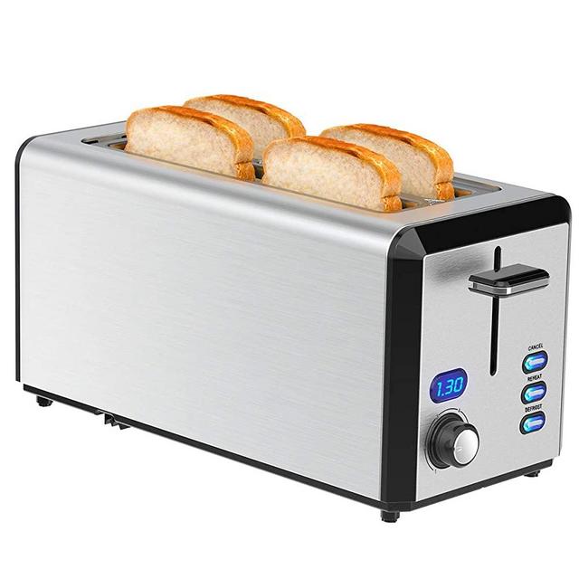 Toaster 4 Slice, Toaster 2 Long Slot Best Rated Prime with LED Display, Stainless Steel Toasters with 1.6'' Extra Wide Slots, 6 Browning Settings, Defrost/Reheat/Cancel, Removable Crumb Tray, 1300W