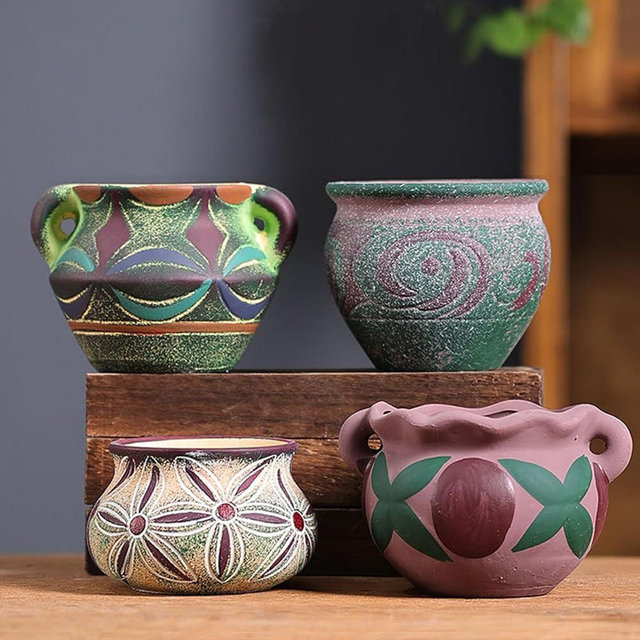 Yuccasly 4 Piece Ceramic Plant Pots Indoor Pots Set with Drainage Holes, Rustic Colorful Decorative Flower Pots for Indoor&Outdoor Little Plants, Cute Cactus/Bonsai Plant Pots