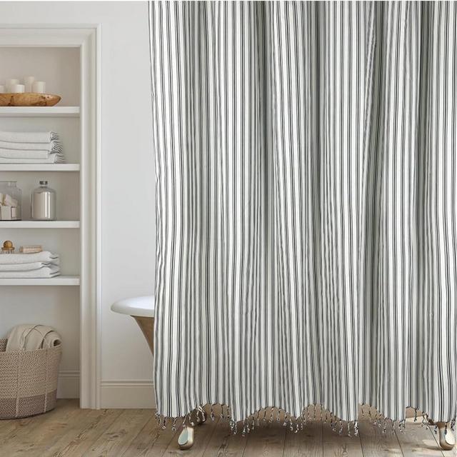 HALL & PERRY Modern Transitional Stripe Shower Curtain with Tassels - Vertical Black and Cream Lines Striped 100% Cotton, 72" x 72"