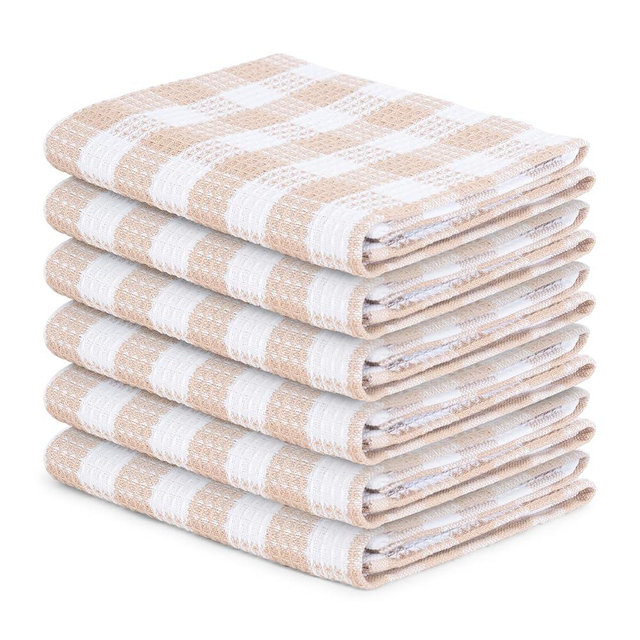 Blue Needles Waffle Weave Check Plaid Kitchen Towels, 15x25 Inches 100% Cotton Set of 6 Dish Towels for Kitchen, Ultra Soft & Absorbent for Quick Drying with Hanging Loop Spring Summer - Beige & White
