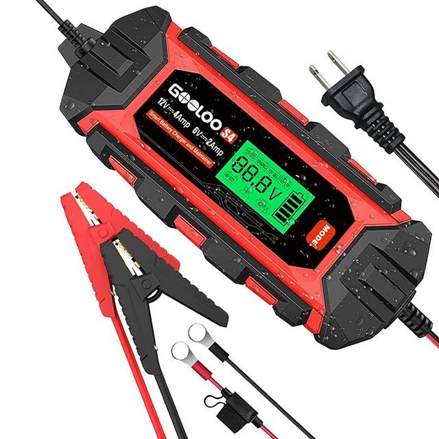 GOOLOO S4 4 Amp Smart Car Battery Trickle Charger Maintainer Automotive, 6V 12V Automatic Intelligent Water-Resistant Motorcycle Battery Charger for Truck Lawn Mower Boat RV SUV ATV Lead-Acid Battery