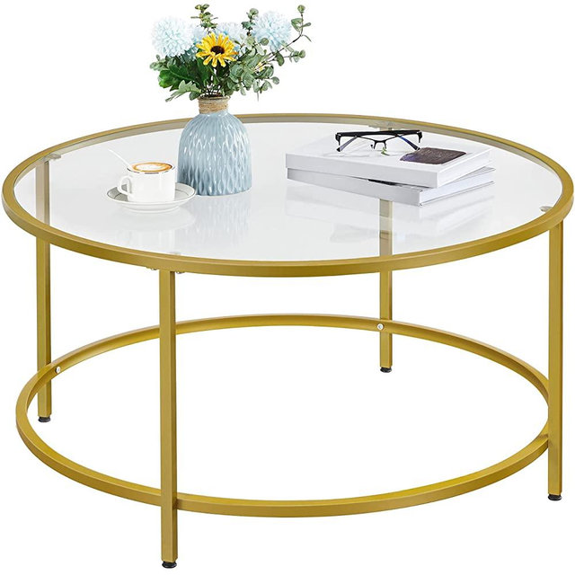 YAHEETECH 36in Round Glass-Top Coffee Table,Mustard Gold Modern Accent Side Sofa Table w/Protective Foot Pads,Metal Structure & Reinforced Frame for Living Room,Dining Room,Apartment,Small Space