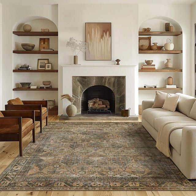 Bavni 8x10 Area Rugs, Ultra-Thin Foldable Low Pile Machine Washable Rug, Lightweight Machine Washable Rugs for Living Room Bedroom, Sound Absorbing Vintage Sage Rectangle Rug