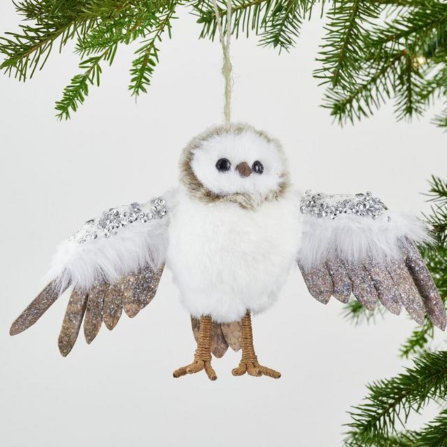 Furry Owl Ornament, White