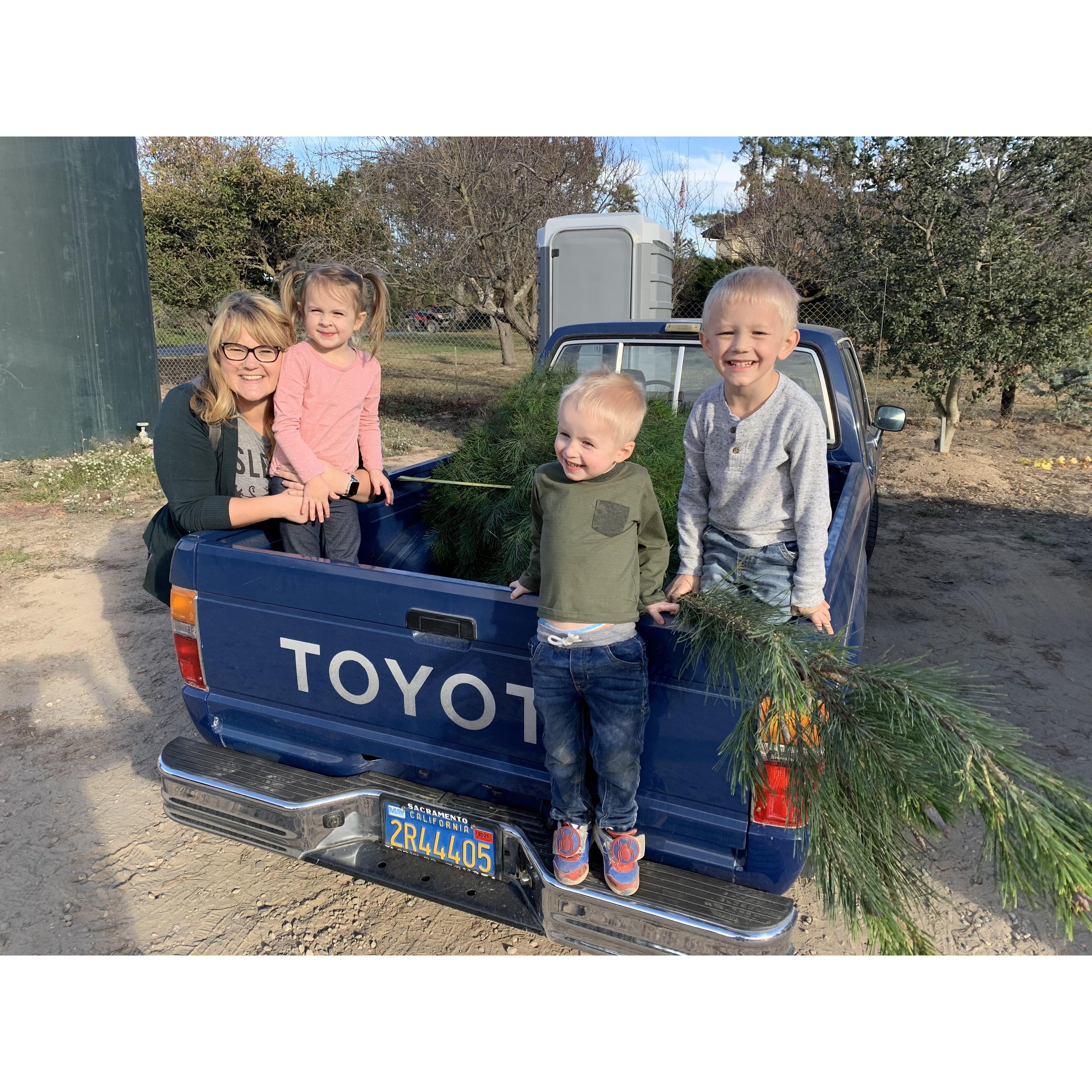 Hauling our Christmas tree home in the back of "Blue Lightning" (Ryan's grandpa Butterfield's awesome old truck).