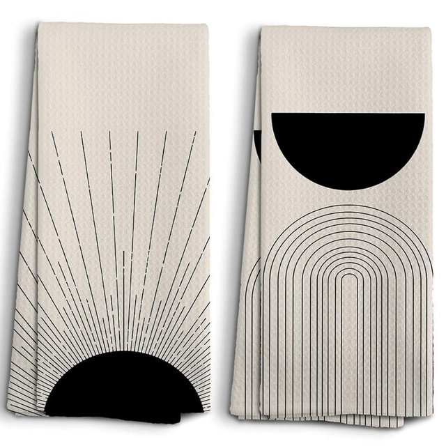 Black Boho Sun Sunray Geometric Arch Semi Circle Kitchen Towels and Dishcloths Set of 2,Boho Absorbent Drying Cloth Hand Towels Tea Towels for Bathroom Kitchen,Boho Gifts for Women Girls,16×24 inches
