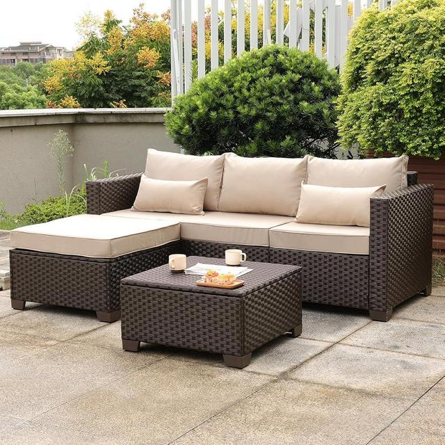 Oasishine Wicker Patio Furniture Patio Couch 3 Pieces Outdoor Sectional with Ottoman and Outdoor Storage Table with Lining Weathering Anti-Slip Cushions Furniture Covers, Khaki