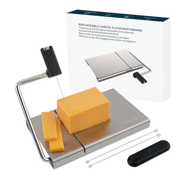 KITCHENDAO Replaceable Wire Cheese Slicer with Board and Measuring Grids,Tightness Adjustable Stainless Steel Metal Cheese Cutter for Block Cheese, Dishwasher Safe, with 2 Extra Wires
