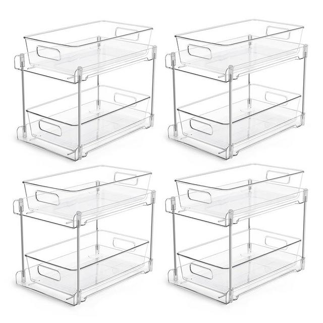 2 Tier Bathroom Storage Organizer, Vtopmart 4 Pack Clear Under Sink Organizers Vanity Counter Storage Container, Medicine Cabinet Drawers Bins, Pull-Out Organization with Track for Pantry, Kitchen