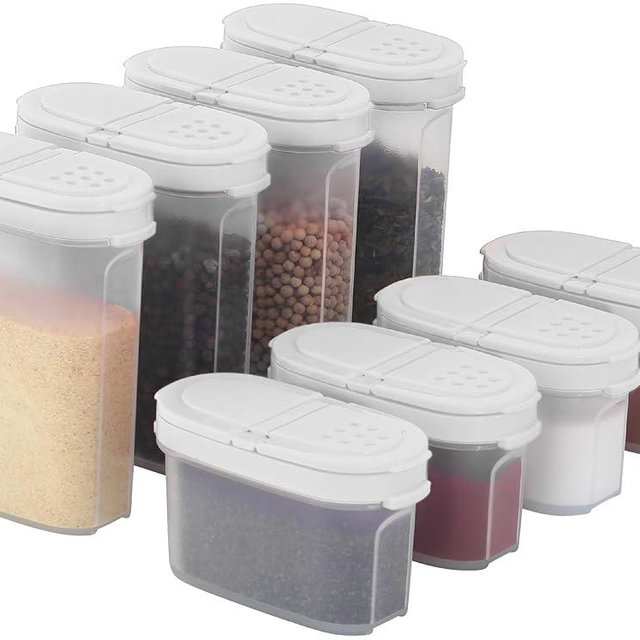 SIGNORA WARE Plastic Spice Containers – Spice Jar Set 8 Pack, 4 Mini, 4 Large – Spice Jars to Store Spices, Herbs, Marinade, Sugar, Salt, Pepper – Refillable Airtight Small Spice Jars with 2 Way Lids