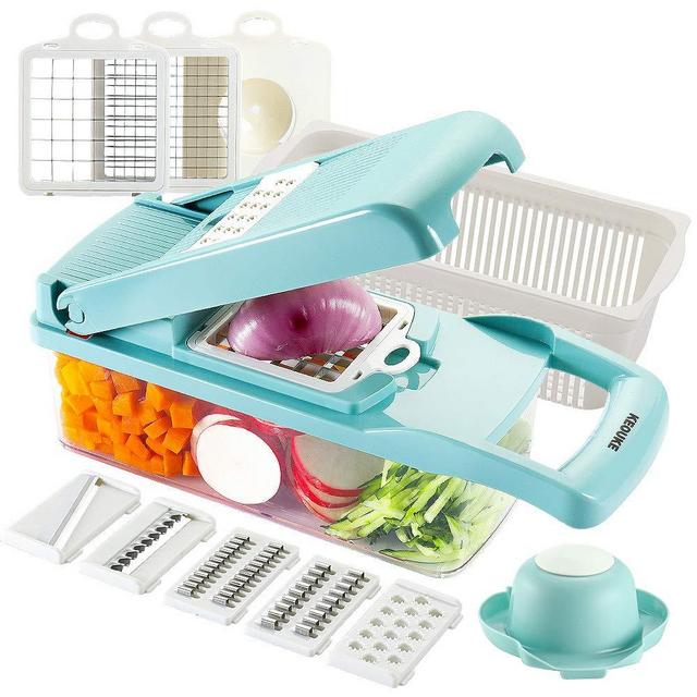 KEOUKE Vegetable Chopper Slicer Dicer - 12-in-1 Onion Chopper Fruits Cutter Mandoline Slicer Food Chopper/Cutter with 7 Stainless Steel Blades, Adjustable Slicer & Dicer with Storage Container