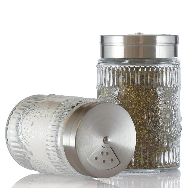 2 Pack Glass Salt and Pepper Shakers Glass with Adjustable Pour Holes, 120ml Refillable Spice Dispensers for Himalayan, Table, Kitchen(Short-Sunflower)