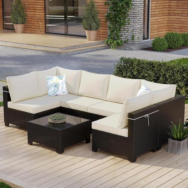 Peacabo 7 Piece Patio Furniture Set, Wicker Outdoor Sectional Furniture Conversation Set with Rattan Table and Thick Cushion, Patio Set for Garden Lawn Pool or Backyard, Coffee and Beige
