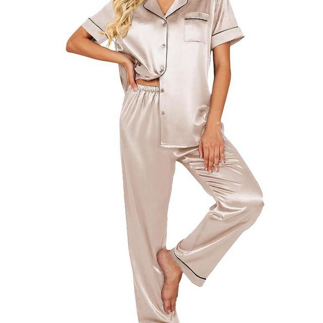 Ekouaer Silk Satin Pajamas Set Women Short Sleeve Sleepwear Soft Button Down Loungewear Pjs Set