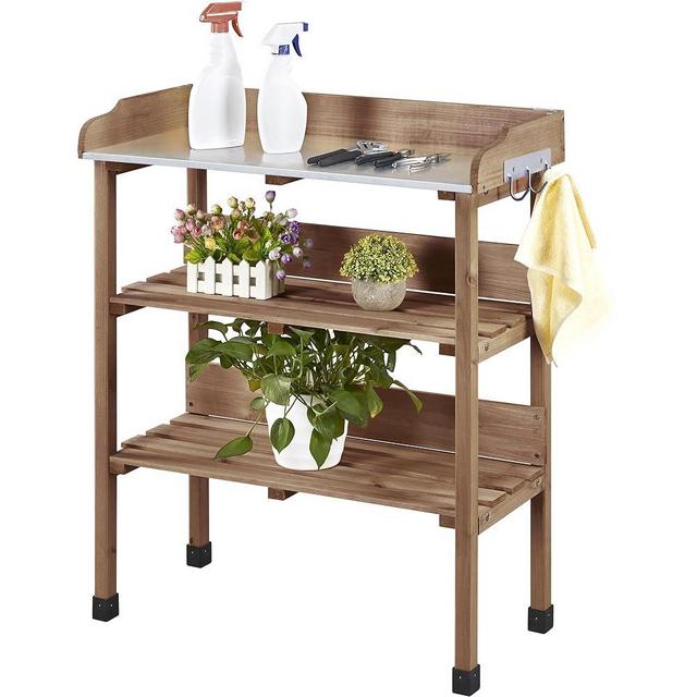 Yaheetech Outdoor Garden Potting Bench Table, Wooden Horticulture Planting Worstation w/Metal Tabletop/Storage Shelf/3 Hooks, Brown